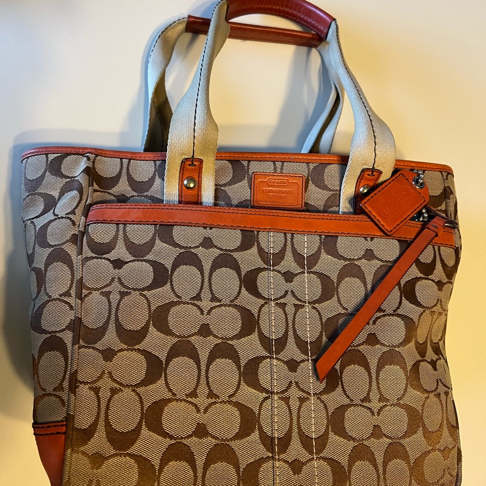 Coach Brown and Cream Signature Tote with Orange Accents